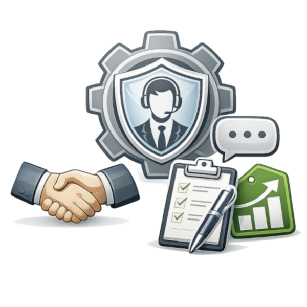 Symbolik für Kundenservice und Zusammenarbeit mit Checkliste und Diagramm.