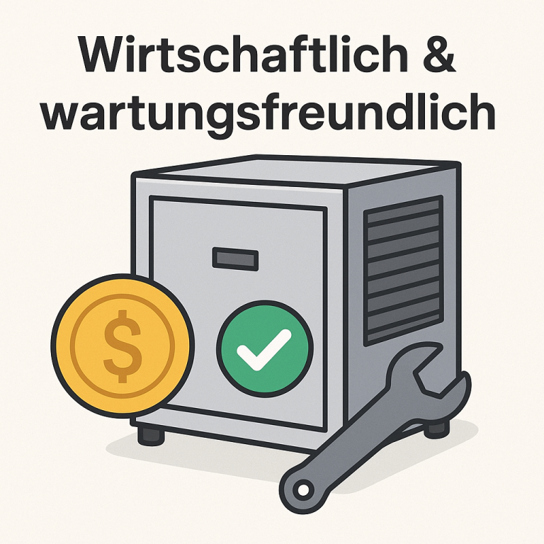 Symbol einer sicheren Box mit Geld und einem Werkzeug. Text: "Wirtschaftlich & wartungsfreundlich."